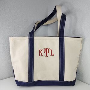 L.L. Bean Boat and Tote Bag Zip Top Blue Trim Natural Canvas USA Monogram